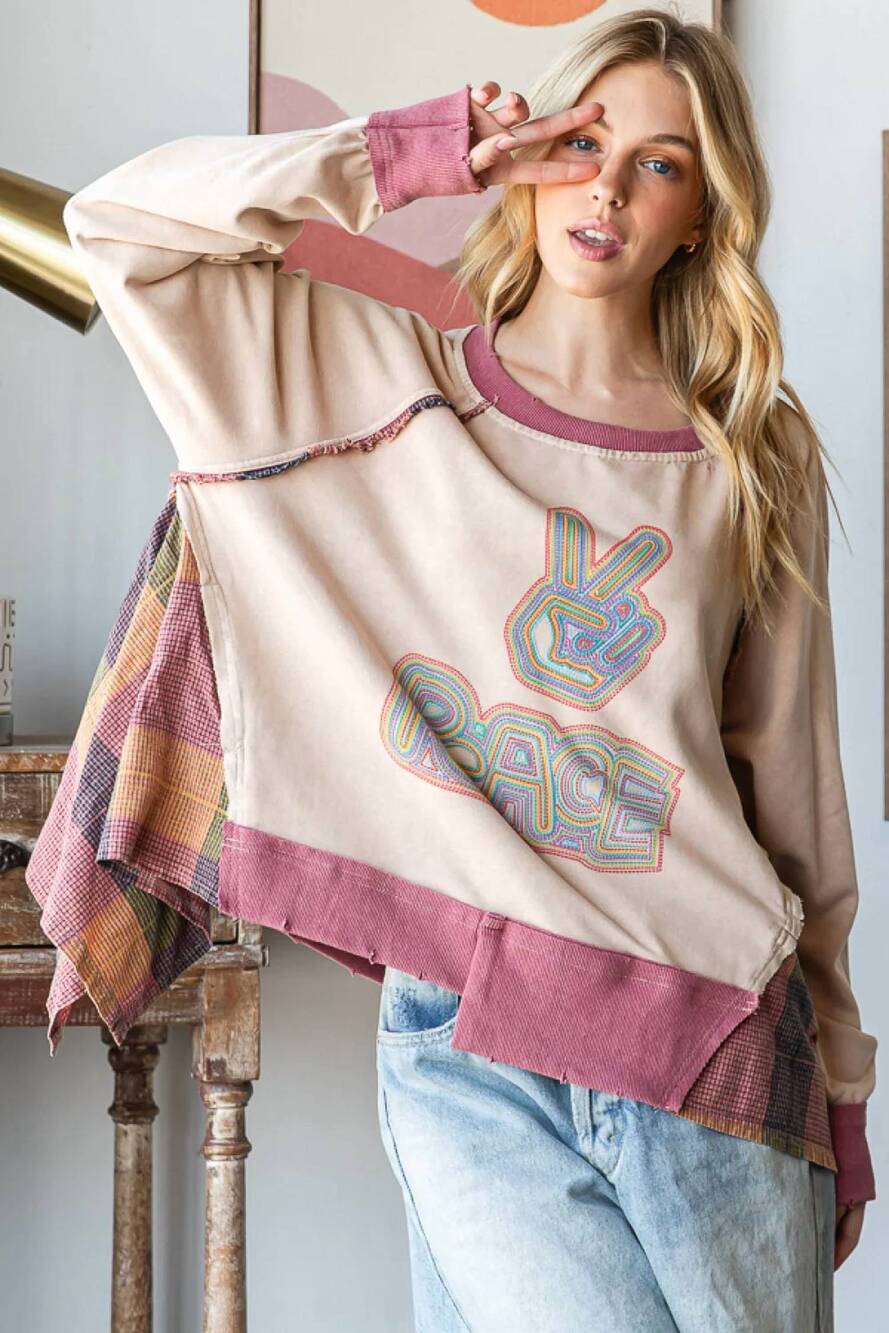 NEW OLI & HALI peace sweatshirt with flannel trim in beige/pink